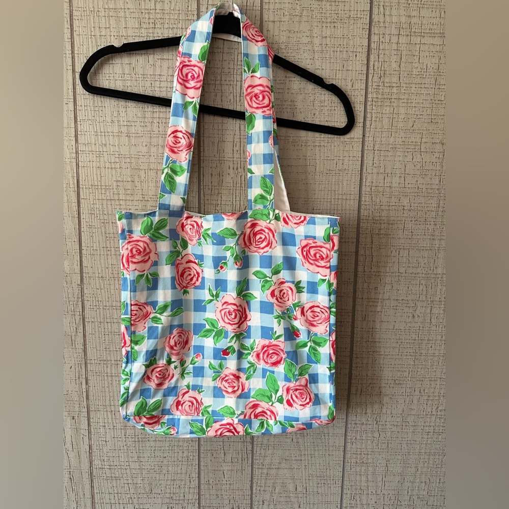 NWT Lilly Pulitzer Palm Beach Blue Gingham roses tote bag